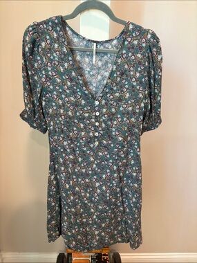 Free People Teal Floral V-Neck Button Dress
